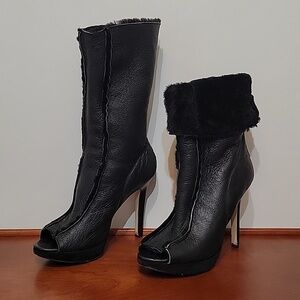 Velika Eliana Black Leather Peep Toe Fold Over Boots Size 7